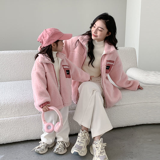 23D041- 韓版洋氣母女裝秋冬季2023新款羊羔絨加厚毛毛衣加絨親子裝外套潮